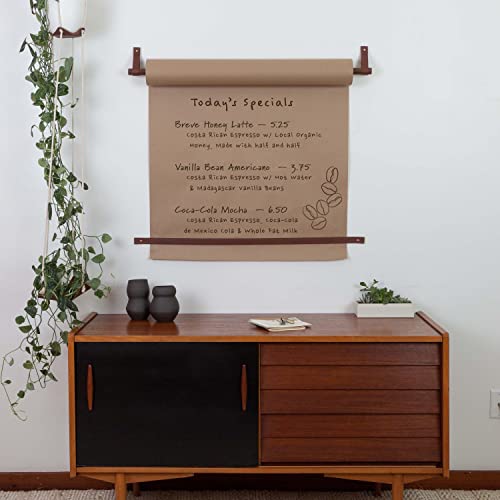 KEYAIIRA - Wall Mounted Paper Roll Holder studio kraft paper hanger w/leather straps note board dispenser, brown wallpaper pad butcher paper sign