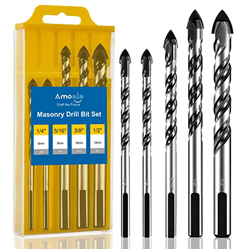 amoolo Masonry Drill Bit Set 5pcs, Concrete Drill Bits with Carbide Tip (1/4”-1/2”) for Brick, Tile, Cement, Ceramic, Glass, Plastic, Etc.