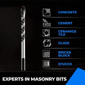 amoolo Masonry Drill Bit Set 5pcs, Concrete Drill Bits with Carbide Tip (1/4”-1/2”) for Brick, Tile, Cement, Ceramic, Glass, Plastic, Etc.