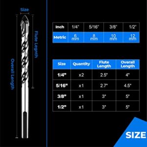 amoolo Masonry Drill Bit Set 5pcs, Concrete Drill Bits with Carbide Tip (1/4”-1/2”) for Brick, Tile, Cement, Ceramic, Glass, Plastic, Etc.