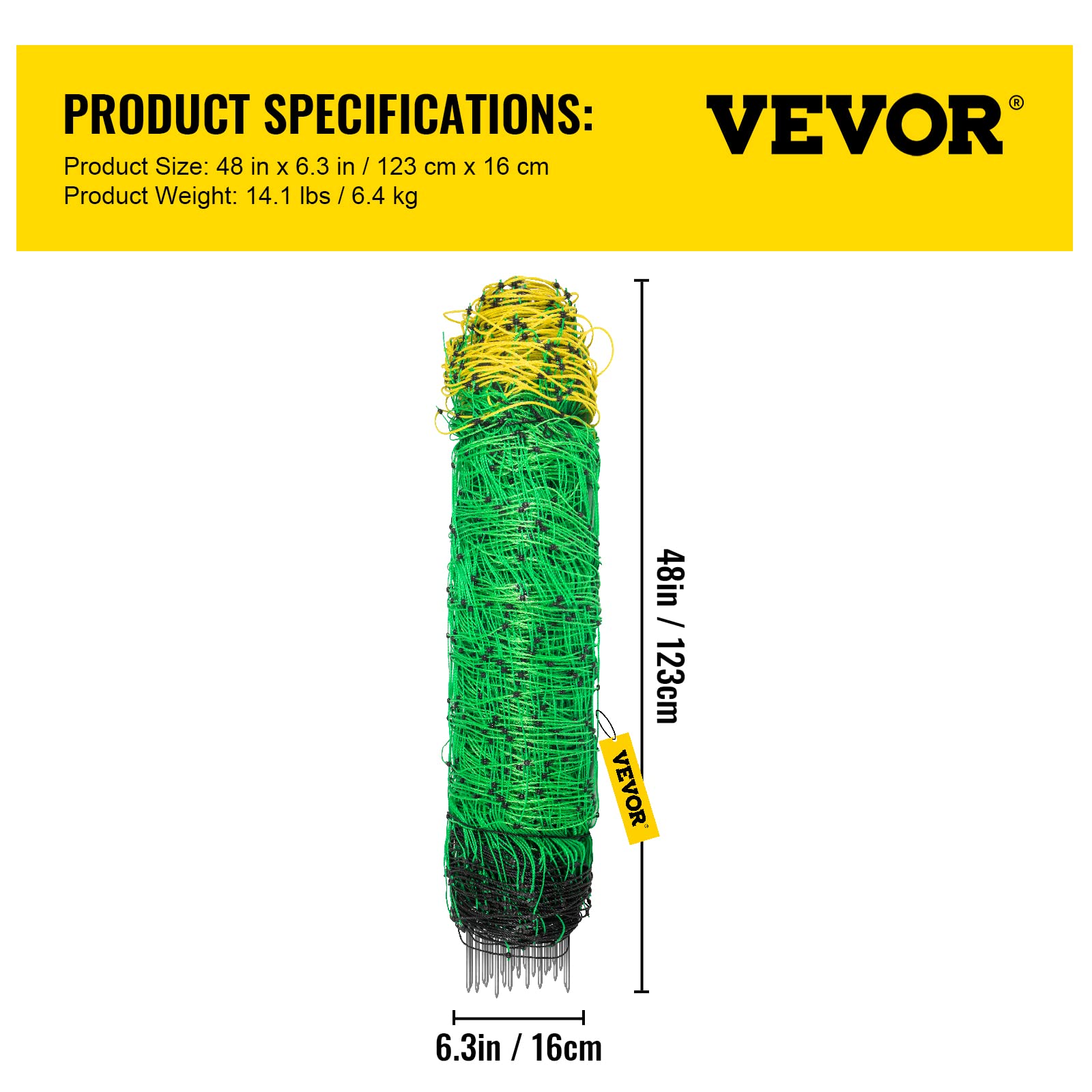 VEVOR Electric Fence Netting, 42.5" H x 164' L, PE Net Fencing with 14 Posts Double Spiked, Utility Portable Mesh for Goats, Sheep, Lambs, Deer, Hogs, Dogs, Used in Backyards, Farms and Ranches, Green