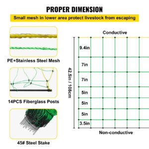 VEVOR Electric Fence Netting, 42.5" H x 164' L, PE Net Fencing with 14 Posts Double Spiked, Utility Portable Mesh for Goats, Sheep, Lambs, Deer, Hogs, Dogs, Used in Backyards, Farms and Ranches, Green