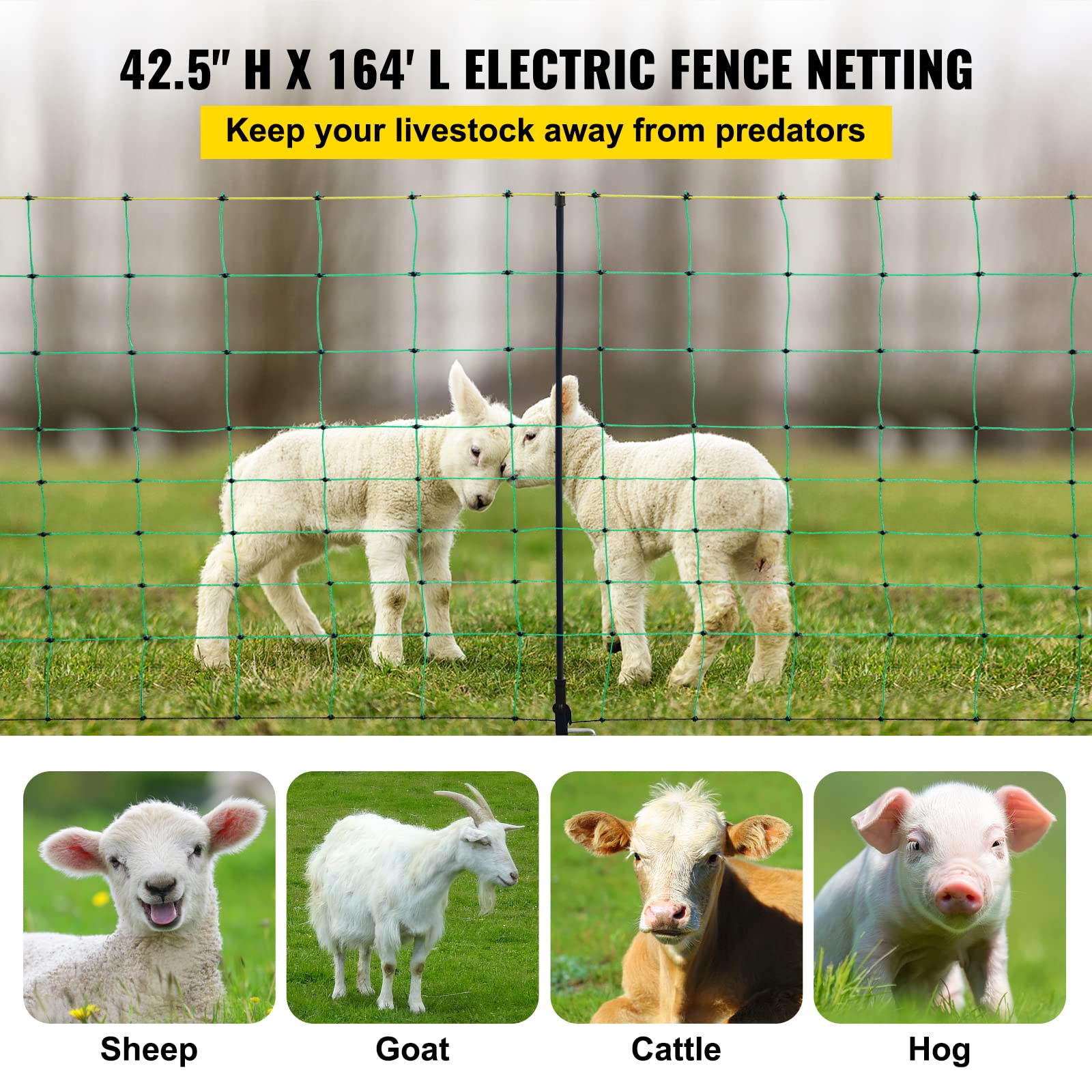 VEVOR Electric Fence Netting, 42.5" H x 164' L, PE Net Fencing with 14 Posts Double Spiked, Utility Portable Mesh for Goats, Sheep, Lambs, Deer, Hogs, Dogs, Used in Backyards, Farms and Ranches, Green