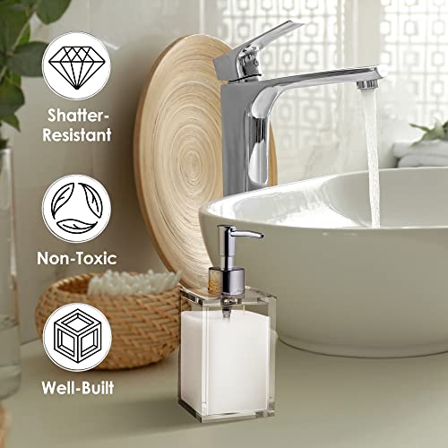 Clear Acrylic Refillable Soap Dispenser with Rust Proof Stainless Steel Pump, Modern Square Liquid Hand Soap Dispenser for Bathroom Vanity, Sturdy Dish Soap Dispenser for Kitchen Sink | 12 oz, 1 Pack