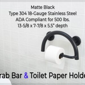 Grab Bar Toilet Paper Holder - ADA Bathroom Safety Handrail/304 Stainless Steel/Brushed/ 13" x 8"