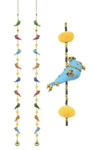 set of 2 traditional handmade colorful pompom bird tota wall door hangings latkan décor for home offices hotel and gifting (small bird)