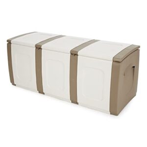 homeplast bold indoor outdoor plastic storage trunk resin deck box for storing pillows, patio cushions, and firewood, 79 gallon capacity, beige/white