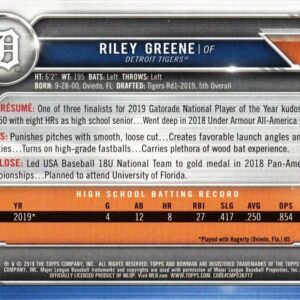 2019 Bowman Draft Picks Baseball #BD-50 Riley Greene Pre-Rookie Card - 1st Bowman Card