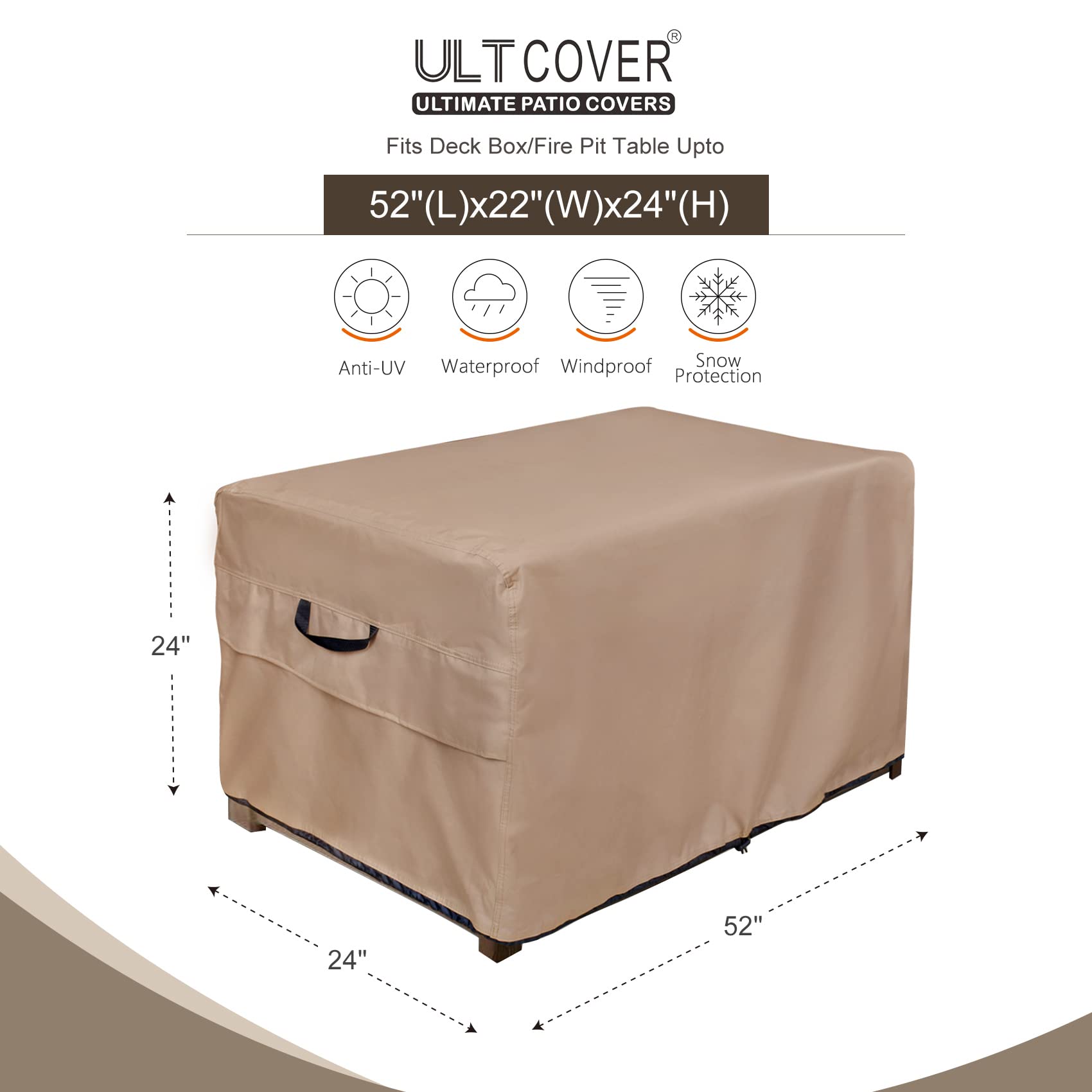 ULTCOVER Patio Deck Box Cover Waterproof for Outdoor Rectangular Resin Storage Box 80-116 Gallon, 52L x 22W x 24H inch Black