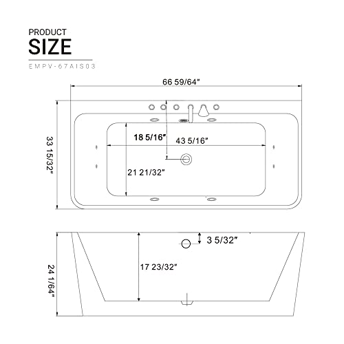 Empava 67-Inch Freestanding Whirlpool Bathtub Rectangular with 8 Hydromassage Water Jets Luxury Acrylic Massage SPA Soaking Bath Tub Double Ended, White