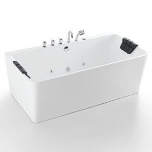 Empava 67-Inch Freestanding Whirlpool Bathtub Rectangular with 8 Hydromassage Water Jets Luxury Acrylic Massage SPA Soaking Bath Tub Double Ended, White