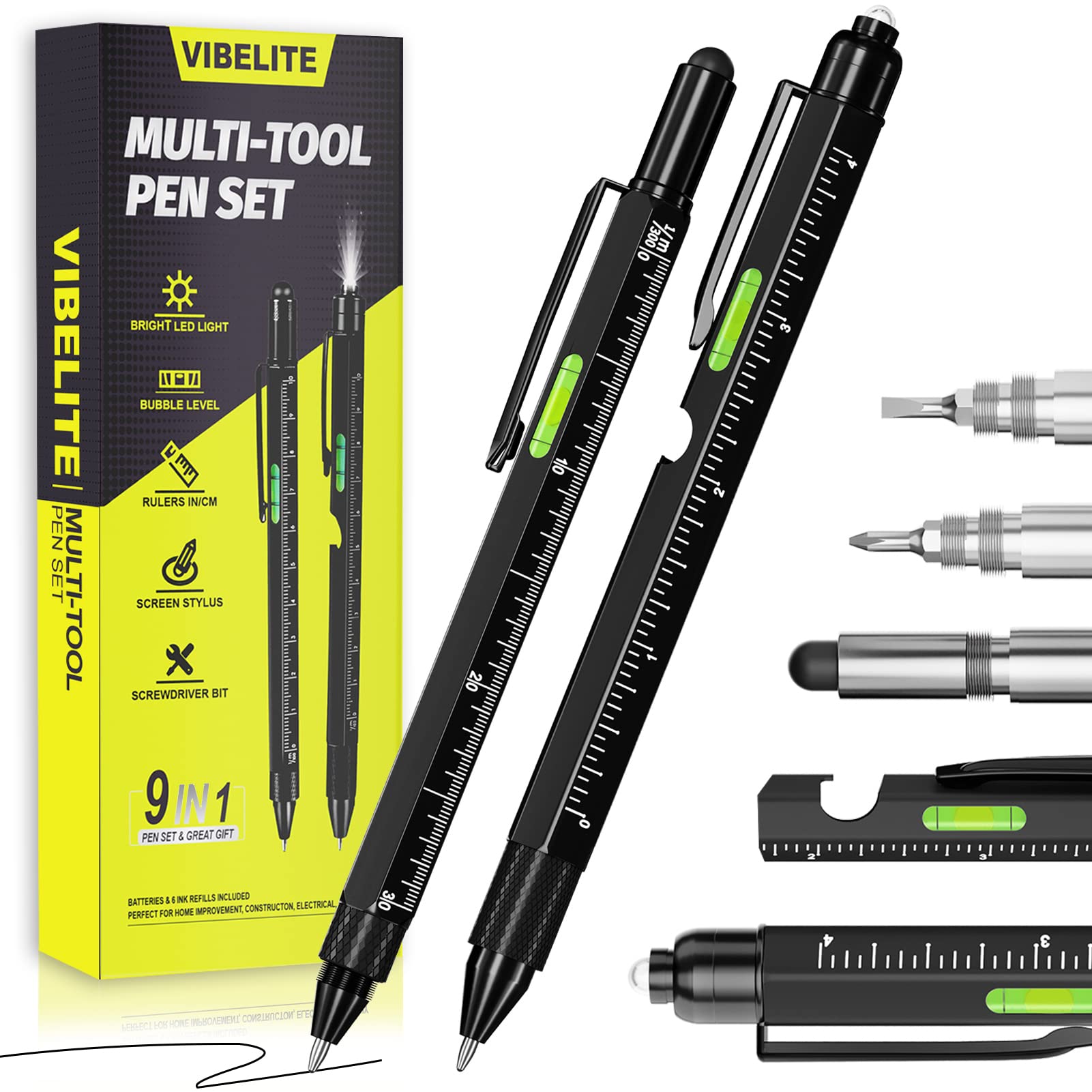 Valentines Day Gifts for Men Dad Him, 9 in 1 Multitool Pen Set with LED, Stylus, Level, Screwdriver, Flathead, Gadgets for Men Gifts for Dad, Birthday Gifts for Men, Him, Husband, Father, Black