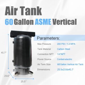 HPDMC 60 Gallon Industrial Air Compressor Receiver Vertical Air Tank Rated for 200 PSI with ASME Coded