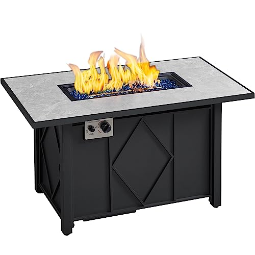 Yaheetech 43 Inch 50,000 BTU Gas Fire Pit with Ceramic Tabletop and & Steel Base for Outdoor/Patio/Party/Bonfire, Rectangle Propane Fire Pit Table with Rain Cover for Outside Heating, Black