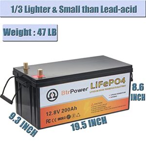 BtrPower 12V 200AH Lithium Battery,5000+ Deep Cycle LiFePO4 Battery with Built-in 200A BMS fit for Home Storage,Trolling Motor,RV,Off-Grid System,Solar Power System,Marine