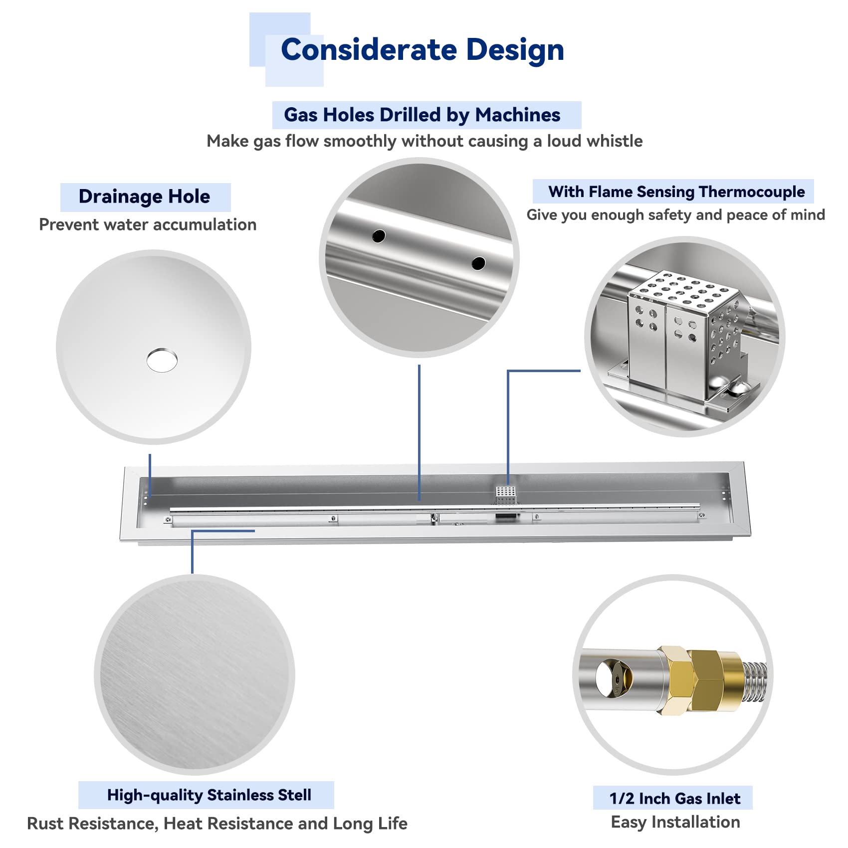 Skyflame Spark Ignition Gas Fire Pit Burner Kit, 48" Linear Stainless Steel Complete Drop-in Burner Kit with Flame Sensing, CSA Certified, Propane Regulator Connector Hose Set for Propane Tank