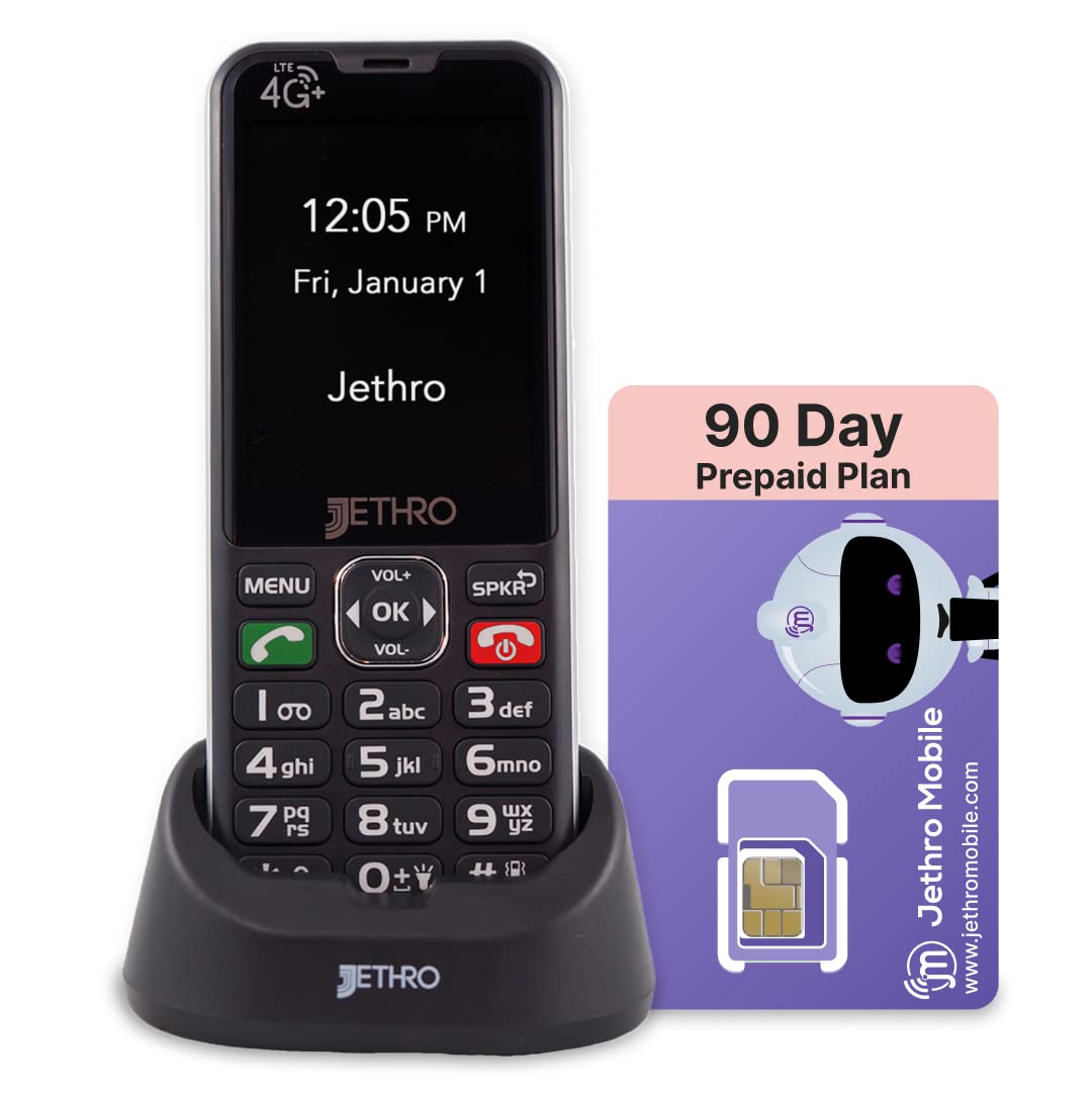 Jethro SC490 4G Unlocked Bar Style Senior Cell Phone with $45 Phone Plan for 90 Days - Unlimited Talk and Text and 2GB Data, Phone is Good for Both Seniors and Kids, (SIM Card Kit Included)