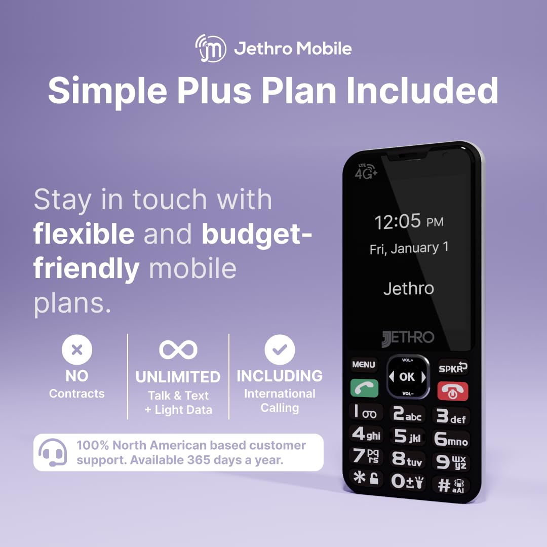 Jethro SC490 4G Unlocked Bar Style Senior Cell Phone with $45 Phone Plan for 90 Days - Unlimited Talk and Text and 2GB Data, Phone is Good for Both Seniors and Kids, (SIM Card Kit Included)