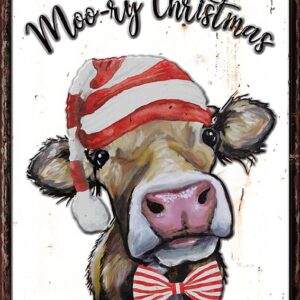Christmas Cow Tin Sign - Merry Christmas Cow Farmhouse Metal Sign - Christmas Cow Wall Decor - Embossed Metal Cow Art - Christmas Cow Decor