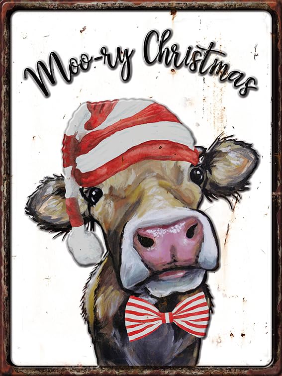 Christmas Cow Tin Sign - Merry Christmas Cow Farmhouse Metal Sign - Christmas Cow Wall Decor - Embossed Metal Cow Art - Christmas Cow Decor