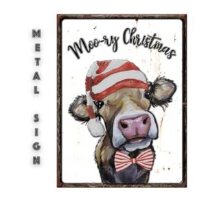 Christmas Cow Tin Sign - Merry Christmas Cow Farmhouse Metal Sign - Christmas Cow Wall Decor - Embossed Metal Cow Art - Christmas Cow Decor