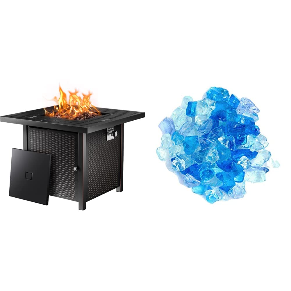 Ciays Propane Fire Pits 32 Inch Outdoor Gas Fire Pit + Hiland RGLASS-BB Pit Fire Glass in Bahama Blend