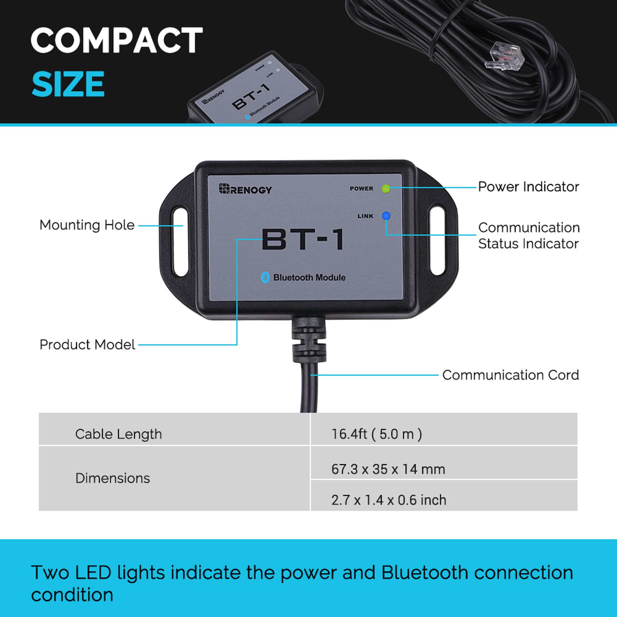 Renogy 200W 12V Monocrystalline Panel Starter & Bluetooth Module RJ12 Communication Port Compatible Rover/Wanderer/Adventurer Charge Controllers, BT-1 RS232