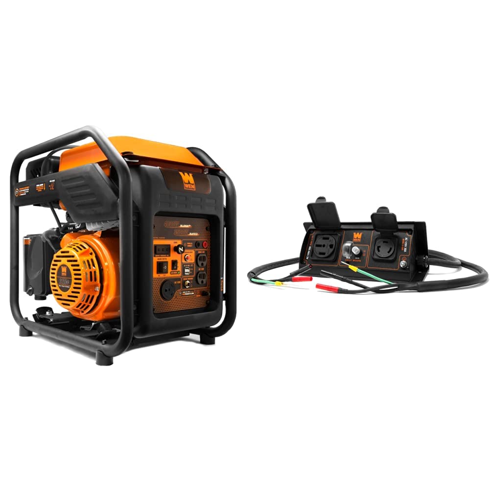 WEN GN400i RV-Ready 4000-Watt Open Frame Inverter Generator, CARB Compliant, Black/orange & GNA50i 50-Amp 6000-Watt Parallel Connection Kit for Inverter Generators, Black