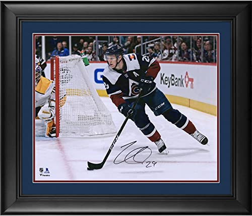 Nathan MacKinnon Colorado Avalanche Framed Autographed 16" x 20" Navy Jersey Skating Photograph - Autographed NHL Photos