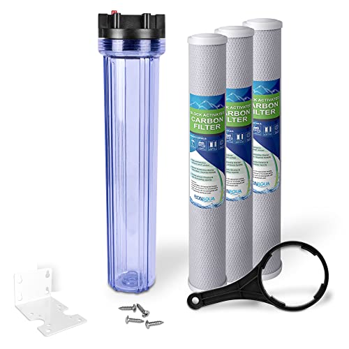 20 x 2.5-Inches Transparent Slim Whole House Water Filter Purifier System with Presser Relief Button, 1” Inlet/Outlet Port & Yearly Supply (3) Coconut Shell Activated Block Carbon Cartridges 5 Micron