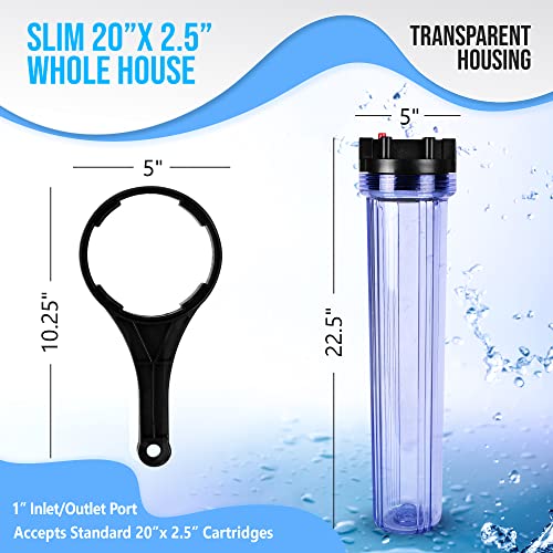 20 x 2.5-Inches Transparent Slim Whole House Water Filter Purifier System with Presser Relief Button, 1” Inlet/Outlet Port & Yearly Supply (3) Coconut Shell Activated Block Carbon Cartridges 5 Micron