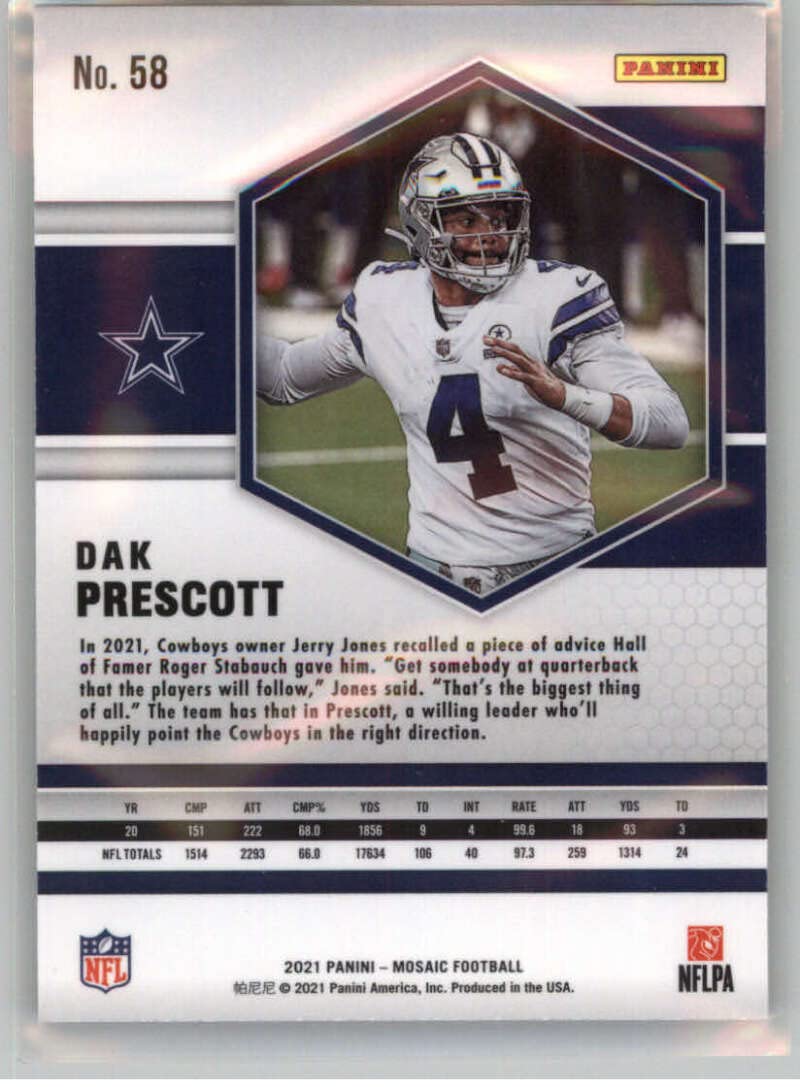 2021 Panini Mosaic #58 Dak Prescott Dallas Cowboys Official NFL Football Trading Card in Raw (NM or Better) Condition