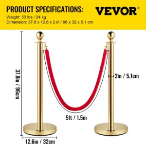 VEVOR Velvet Ropes and Posts 4 Pcs, 5 ft Red Velvet Rope, Stanchion Post with Ball Top, Crowd Control Barriers Gold Stanchions, Red Carpet Poles, Crowd Control Ropes and Poles for Party Supplies