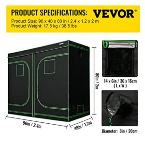 VEVOR Grow Tent, 96" x 48" x 80" Hydroponics Mylar Grow Room with Observation Windows and Removable Floor Tray, 100% Lightproof Large Grow Closet for Indoor Plants Growing, 8'x4' Reflective Plant Tent