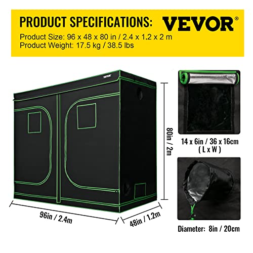 VEVOR Grow Tent, 96" x 48" x 80" Hydroponics Mylar Grow Room with Observation Windows and Removable Floor Tray, 100% Lightproof Large Grow Closet for Indoor Plants Growing, 8'x4' Reflective Plant Tent