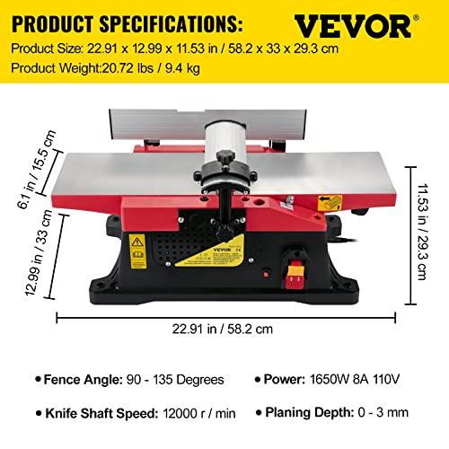 VEVOR Woodworking Benchtop Jointers 6inch with 1650W Motor,Heavy Duty Benchtop Planer Precise Cutterhead 2000rpm,2 Push Blocks Fence Depth Scale,Large Aluminum Work Table for Woodworking
