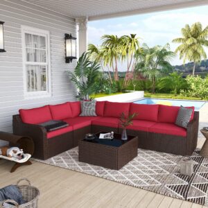 vicluke 7 piece patio furniture set, rattan wicker sectional sofa set with ergonomic curved armrest, outdoor conversation set with waterproof cushion and glass table for garden, backyard (red)