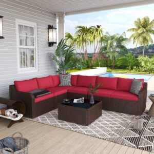 Vicluke 7 Piece Patio Furniture Set, Rattan Wicker Sectional Sofa Set with Ergonomic Curved Armrest, Outdoor Conversation Set with Waterproof Cushion and Glass Table for Garden, Backyard (Red)