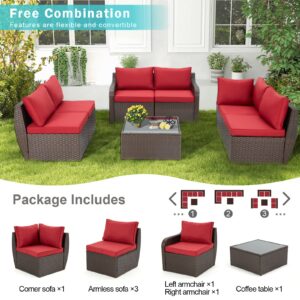 Vicluke 7 Piece Patio Furniture Set, Rattan Wicker Sectional Sofa Set with Ergonomic Curved Armrest, Outdoor Conversation Set with Waterproof Cushion and Glass Table for Garden, Backyard (Red)