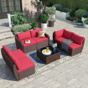 Vicluke 7 Piece Patio Furniture Set, Rattan Wicker Sectional Sofa Set with Ergonomic Curved Armrest, Outdoor Conversation Set with Waterproof Cushion and Glass Table for Garden, Backyard (Red)