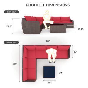 Vicluke 7 Piece Patio Furniture Set, Rattan Wicker Sectional Sofa Set with Ergonomic Curved Armrest, Outdoor Conversation Set with Waterproof Cushion and Glass Table for Garden, Backyard (Red)