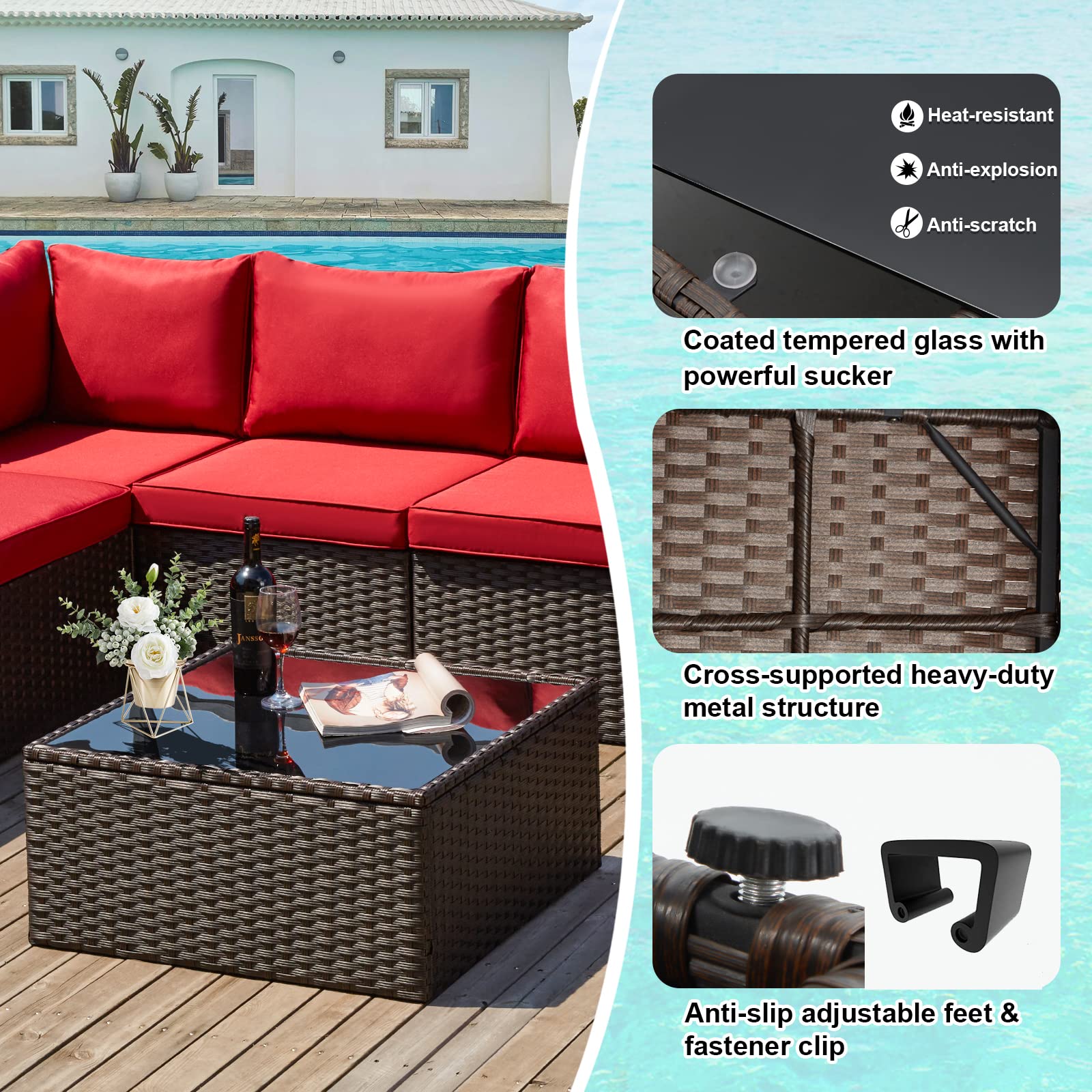 Vicluke 7 Piece Patio Furniture Set, Rattan Wicker Sectional Sofa Set with Ergonomic Curved Armrest, Outdoor Conversation Set with Waterproof Cushion and Glass Table for Garden, Backyard (Red)