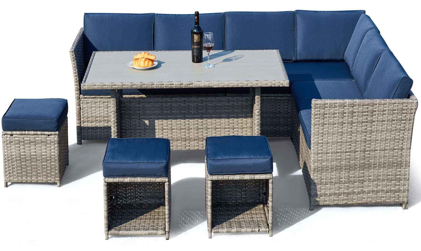 AVAWING 7 Pieces Patio Furniture Sets, Outdoor Dining Sectional Rattan Couch Sofa w/Ottoman Chairs, All-Weather Wicker Conversation Set for Lawn, Backyard, Garden, Poolside, Balcony, Blue