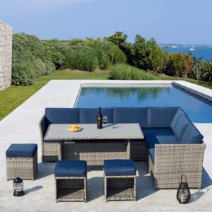 AVAWING 7 Pieces Patio Furniture Sets, Outdoor Dining Sectional Rattan Couch Sofa w/Ottoman Chairs, All-Weather Wicker Conversation Set for Lawn, Backyard, Garden, Poolside, Balcony, Blue