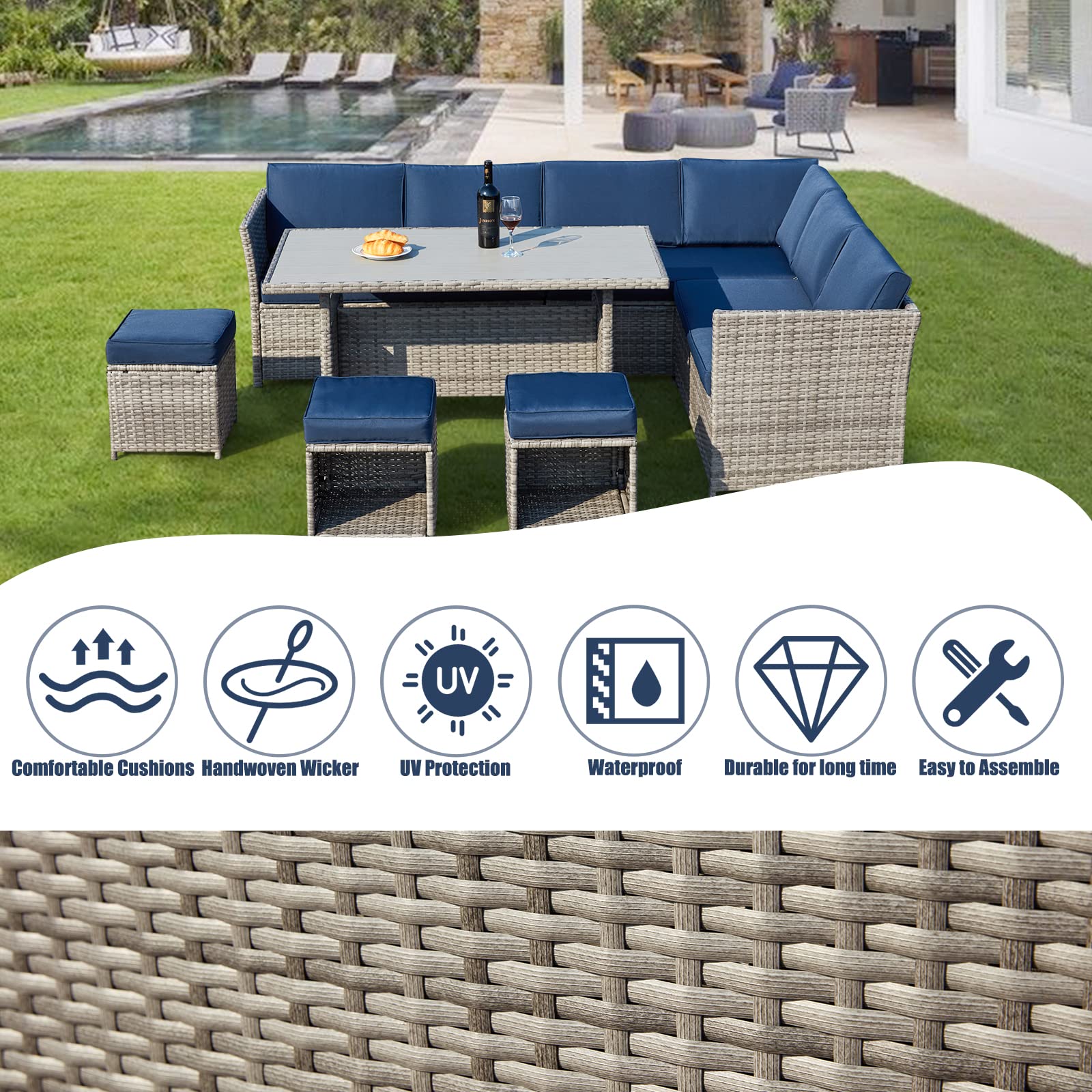 AVAWING 7 Pieces Patio Furniture Sets, Outdoor Dining Sectional Rattan Couch Sofa w/Ottoman Chairs, All-Weather Wicker Conversation Set for Lawn, Backyard, Garden, Poolside, Balcony, Blue