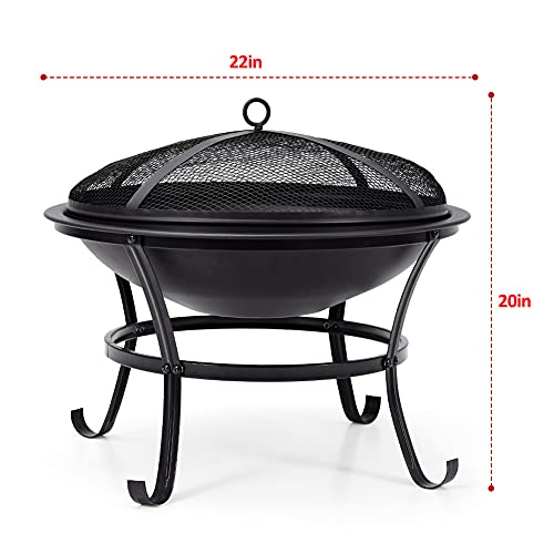 Fire Pit w/BBQ Sticks Skewers, 22in Fire Pit Outdoor Patio Steel Fire Pit Bowl Wood Burning Firepit BBQ Grill for Camping Beach Bonfire Picnic Backyard Garden