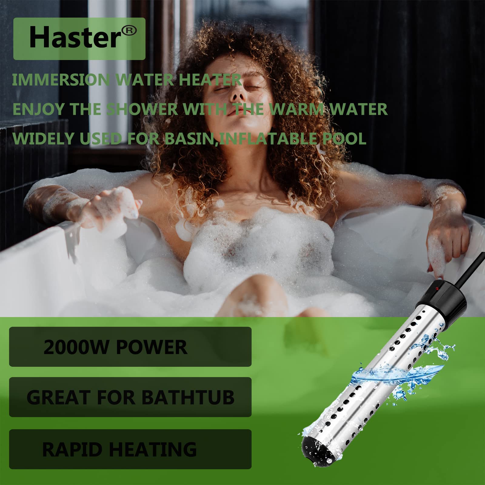 HASTER 2000W Immersion Water Heater for Inflatable Pool Bathtub,Bucket Heater with 304 SS Guard,Electric Submersible Water Heater with LCD Thermometer,Heat 5 Gallon Water in Minutes (Black)