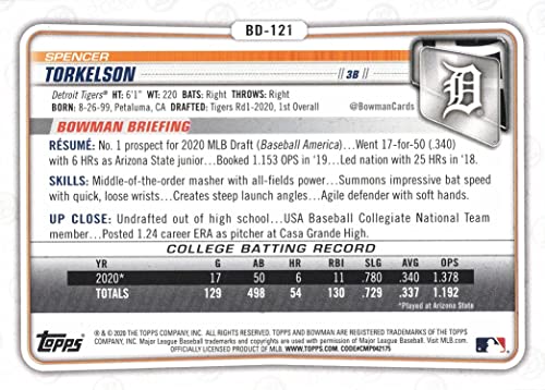 2020 Bowman Draft Baseball #BD-121 Spencer Torkelson Pre-Rookie Card - 1st Bowman Card