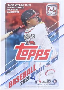 2021 topps traded and update series baseball unopened blaster box of packs with 99 cards including one exclusive 70th anniversary patch and possible rookies autographs and jersey cards