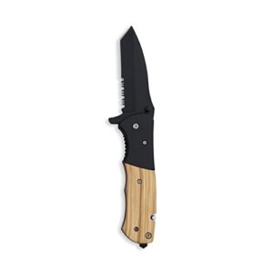 makerflo beast tactical folding pocket knife with natural wood handle -spring assisted, multitool with glass cutter,seatbelt opener & belt clip -ideal for camping, hiking, self defense,survival,1pc